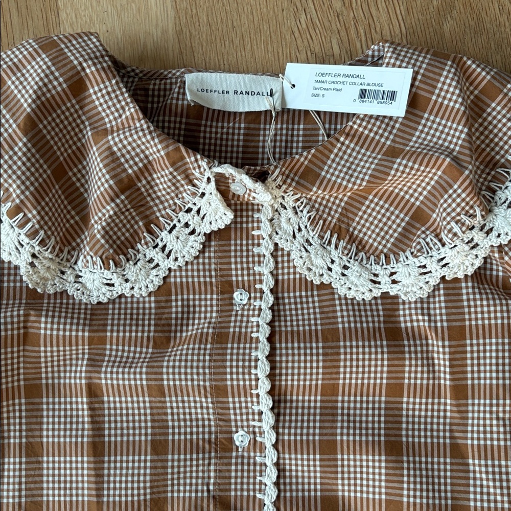 Checked Lace-Trim Puff Sleeve Top - Tan - Picture 7 of 8